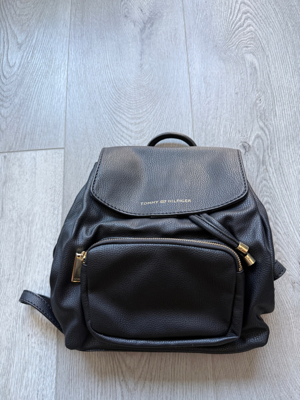 Tommy Hilfiger Black Pebbled Leather Backpack with Gold Hardware